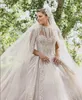 Luxus Brautkleider Dubai Arabisch Stil Brautkleider 2022 Wunderschönes glitzerndes High Neck Illusion Top Ballkleid Hochzeitskleid Robe De Mariee