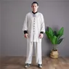 Tute da uomo Abito in stile cinese Uomo Camicia lunga in cotone e lino antico Pantaloni con linguetta Abiti zen Abbigliamento per la pratica del Tai Chi allentatoUomo