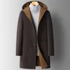 Wełniany płaszcz miesza ciepłe kurtki dla mężczyzn długie wełniane płaszcze jesień i zimowe z kapturem dwustronne wiatrówki topy odzieży wierzchołek
