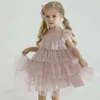 Küçük kızlar nedensel dantel elbise uçan kollu katı parti kıyafetleri çocuklar yaz çiçek kızlar elbise prenses elbise 3-8y kızlar için g220428