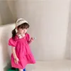 Summer Girls Casual Rose Dress Puff Sleeve Solid Color Kids Children Princess Dress