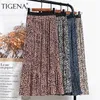 TIGENA Vintage Leopard Print Chiffon Midi Skirt Women Fashion A Line Elastic High Waist Pleated Long Female with Lined 220317