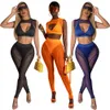 2022 Sexy Mesh See Through Tracksuits voor Dames Solide Borst Wrap Mouwloze Crop Tops en Slanke Splice Broek 2 Stuk Sets X1182