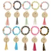 Trä Bead Armband Smycken Silikon Beaded Tassel Keychains Beaded Tie-Dye Bangle Rainbow Färgglada Fringe Armband Armband Key Ring Pendant Bag Tillbehör B8001