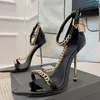 Luxury Brands Dress Shoes Luxury High heeled sandal Shiny leather metal chain padlock Women pointy Naked sandals quality BIG SIZE EU 35-43