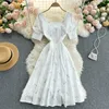 Summer Embroidery Floral Dress Women Square Collar Short Sleeve Hollow Out Midi Dress Elegant Casual Sexy Club Dresses 2022