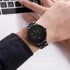 Orologi da polso Orologio da uomo d'affari Cintura in acciaio nero Tre occhi Puntatore multicolore Quadrante grande Orologio da polso maschile casual di lusso semplice