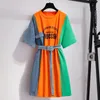 Summer Patchwork T Shirt Dress Women Ulzzang Virts Party Dresses Sashes Streetwear بالإضافة إلى حجم مزيف من قطعتين من قطعتين M-4XL