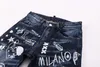 DSQ Mens jeans tinta graffiti jean Hip Hop Pants Street Trend Zipper Chain Decoration Ripped Moda Black Slim Fit Washed Motociclo Denim Painelado