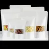 Weißer Doypack-Beutel aus Mylar-Kraftpapier, wiederverschließbar, geruchsdicht, für Lebensmittel, Tee, Kräuter, Snacks, mit Reißverschluss, Einzelhandelsverpackung, Aufbewahrungsbeutel, Stand-Up-Verpackungsbeutel mit Fenster