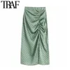 Traf Women Vintage Elegant Polka Dot Плитная плиссированная миди -юбка мода эластичная талия на сайт -молнии