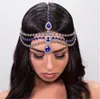 Cadena para la cabeza con colgante de gota de agua para mujer, Gema azul bohemia, cadena para la frente con diamantes de imitación multicapa para fiesta y cena, regalo de joyería exquisito