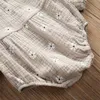 Strampler 0-24 Monate Baby Mädchen Sommeroverall Baumwolle und Leinen Body Langarm Beige Blumendruck Playsuit für MädchenStrampler