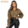 Summer New Long Sleeved Women Crop Tops Solid Color Cardigan Bandage Blouse Lapel Single Breasted Urban Leisure Fashion Shirt