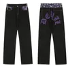 Jeans masculino Jeans masculino estilo Y2K com decoração floral na cintura, calças oversized casual streetwear, estampa de letras punk hip-hop, estilo Harajuku solto de perna reta