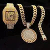 Kedjor 3st Iced Out Necklace Armband Watches Rhinestone 13mm Miami Cuban Pandents Bling Gold Watch for Men smycken Setchains Godl22