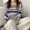Camisolas femininas femininas hzirip retro 2022 o-decote de outono feminino design Design sensor suéter geométrico de manga cheia listrada tricô
