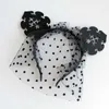 Black Lovely Cat Ears Headband with Veil & Dots Sexy Nightclub Mask Dance Halloween Hair Accessories for Women