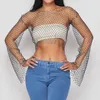 Camiseta de mujer Glitter Diamonds Fishnet Tops Blusa brillante mujer manga larga cuello redondo Sexy ahueca hacia fuera See Through Club Party Tees 230206