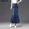 Harajuku vintage bodycon dames lange rok met hoge taille vrouwen rok trompet zeemeermin denim jeans rokken dames jupe femme 210412