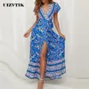 Summer Dress Women Casual Floral Print Boho Beach Ball Gown Maxi Dresses Elegant Sexig Deep V Neck Split Long Party Dress T200604