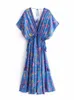 Vintage Chic Women Peacock Floral Print Bat Sleeve Beach Bohemian Maxi Abiti Robe Ladies V-collo nappa Summer Boho Dress 220418