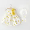 2PCS女の赤ちゃんのドレスチェリープリントボウノット装飾袖の夏の子供服セット1045 E3
