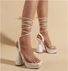 Sandals Lace-up Square Toe Platform Shoes Summer Women Spike Heel 14 Cm High Heels Transparent Female Pumps SexySandals