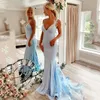 Blue Spaghetti Strap Mermaid Bridesmaid Dresses v Cut Back Satin Maid of Honor Dont Lace See من خلال Train Wedding Guest Dress 326 326