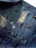 Herrjackor man smal denim jacka bomull nit punk hål frayed plus size lokomotive coat blå fast färg kausal retro mans kläd