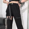 Kvinnor Pants Women's Capris kvinnor Hög midja Långa svettbyxor Fashion Female Jogger Hollow Punk Workwear Belt Buckle Zipper Casual