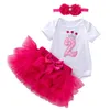 衣料品セット赤ちゃん女の子クラウン2年党ドレスロンパンピンク6レイヤーズチュチュスカート2nd誕生日服幼児の花のヘッドバンド