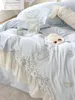 2022 Luxury TOP 100% Cotton 5pcs Embroider Blue Lace Bedding Sets Duvet cover Bedsheet Pillowcase stain bed King Queen Beautiful Noble Palace Royal Bed