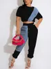 Women's Tracksuits Women Two Piece Colorblock Denim Patchwork Suits Short Sleeve Crop Top & Slim Pants Set