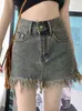 Houzhou vintage noodlijdende rauwe rand Jean rok vrouwen Koreaanse mode zomer hoge taille sexy tassel denim mini rok streetwear t220819