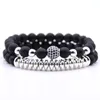 Brins de perles 2 pièces rétro micro-incrusté de boule de zircon noir pierre biliaire bracelet en pierre givrée ensemble pour hommes et femmes bijoux cadeau Lars22