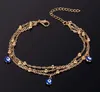 Bracelet de cheville en perles pour les yeux bleus, chaîne à trois couches, dinde, or, argent, mauvais yeux, pour femmes