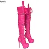 Rontic personnalisé femmes hiver longues bottes plate-forme talons aiguilles bout rond belle Fuchsia Cosplay chaussures taille 5-20