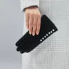 Fem fingrar handskar vinter varm för kvinnor ull koreansk mode pärla utomhus plus sammet förtjockad cykel pekskärmsfinger