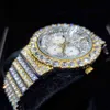 MISSFOX Tre-Eye Watch Men Gold och Sier Big Diamond Round Hiphop Man Wristwatch Quartz Relgio Masculino Fashion