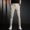 Summer Men Elastic Waist Casual Pants Korean Streetwear Lightweight Cotton Gray Slim Fit Trousers 220330