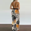 Puloru Nieuwe Vrouwen Halter Gebonden Jumpsuit Zomer Kantoor Dame Bladeren Gedrukt Diepe V-hals Off-the-shoulder Rompertjes Backless pak S-xxl 220321