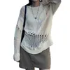 Maglioni da donna Douhoow Pullover da donna con scollo all'americana Moda estiva Tinta unita Manica lunga Girocollo Distressed Crochet Knit Swea