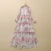 Summer Long Sleeve Round Neck Dress Pink Floral Print Sheer Tulle Panelled Long Maxi Elegant Casual Dresses 22Q192317 XXL Plus Size