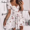 Southpire Bohe Blomma Print Vit Klänning Kvinnors Kort Puff Sleeve Zipper Mini Sundress Elegant Sommarklänning Damkläder 220406