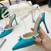 Sandalen Spitz Zehen Seide Satin High Heel Pumps Frauen Kristall Perle Kette Dekor Knöchel Riemchen Sexy Hochzeit Braut Schuhe 2023 Sandalen