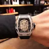 Orologio meccanico automatico da uomo fibbia pieghevole cinturino in gomma importato teschio fantasma testa orologio dimensioni 43x50mm quadrante serie di diamanti