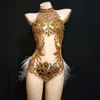 Abbigliamento da palcoscenico Strass scintillanti Body in rete Body da donna con piume Costume da ballo Abito da discoteca Bar Party Festeggia il compleanno DressStage