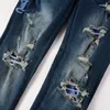 Mens jeans blauw met brief bijgesneden verontruste designer broek voor man slanke pasvorm gerepareerde lin chino stretch dunne denim tappered lange rechte rechte ritsgaten