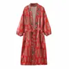 Women's Swimwear AYUALIN Long Sleeve Kimono Dresses Women Cover Up Vintage Satin Red Floral Print Autumn Vestidos Boho Side Split 2022 Robe